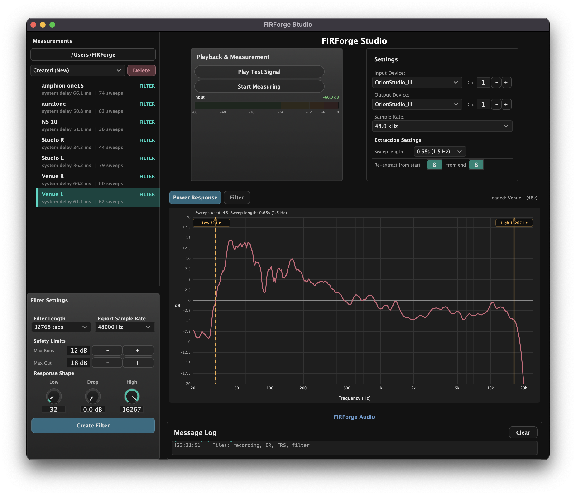 FIRForge Studio showing moving-mic power response measurement and sweep controls